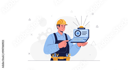 Technician with Laptop, Tools, and Hard Hat - Industrial Technology Concept