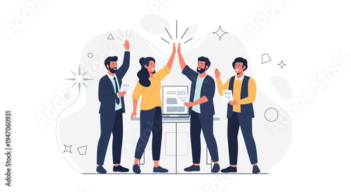 Teamwork success, business people celebrating, high five, collaboration, achievement, office, flat design