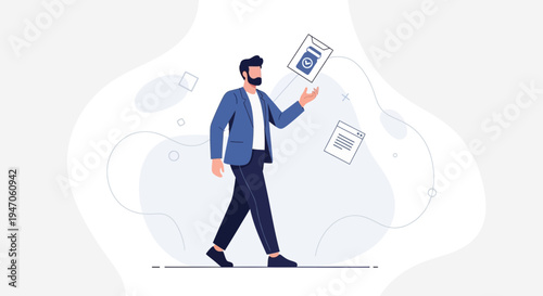Man juggling documents, representing multitasking and business workflow management