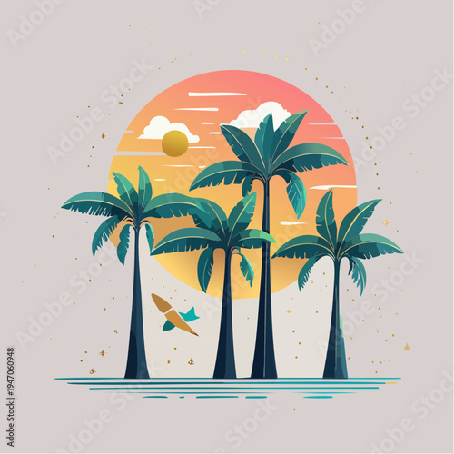 Vibrant Tropical Sunset Island Escape with Palm Trees, Surfboard, and Golden Horizon