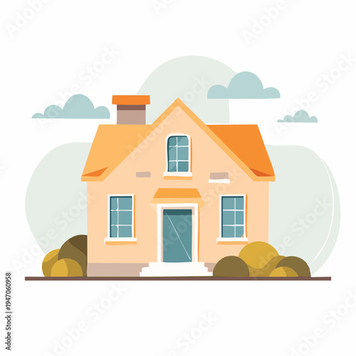 Modern Flat Design Illustration of a Charming Suburban House with a Cozy Garden and Clouds
