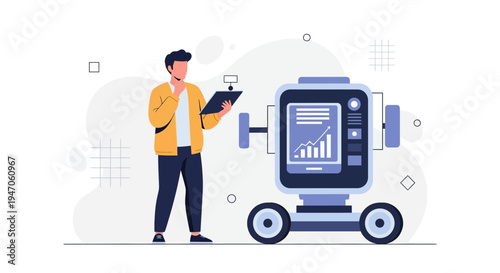 Man analyzing data on tablet next to futuristic robot with charts on screen