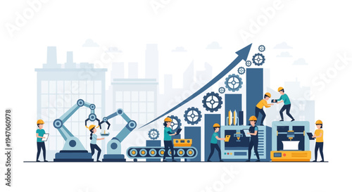 Industrial Automation, Smart Manufacturing, and Business Growth: Robotic Production Line with Collaborative Workforce and Efficiency Chart