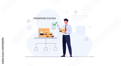 Businessman achieving operations success with checklist and boxes