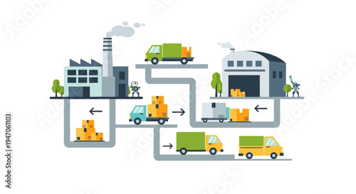 Supply Chain Logistics Network with Automation. Factory, Warehouse, Trucks, and Robots Illustrate Modern Manufacturing and Distribution Processes.