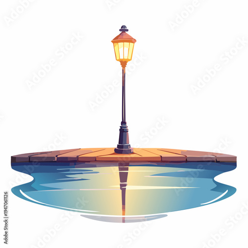 Charming old street lamp on a floating wooden pier at night, reflecting its warm glow upon the tranquil water