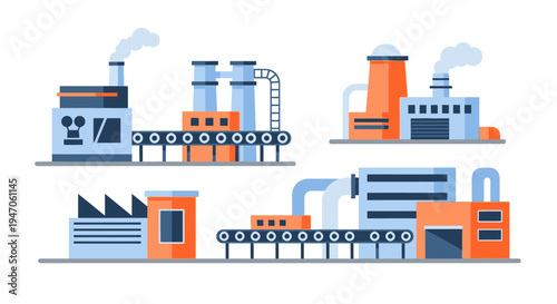 Modern Flat Design Industrial Factories Collection with Conveyor Belts & Chimneys
