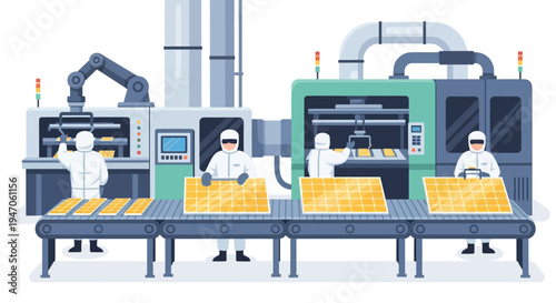 Automated Solar Panel Manufacturing: Workers and Robotics on Assembly Line Producing Renewable Energy. Cleanroom Production of Photovoltaic Cells for Sustainable Future.