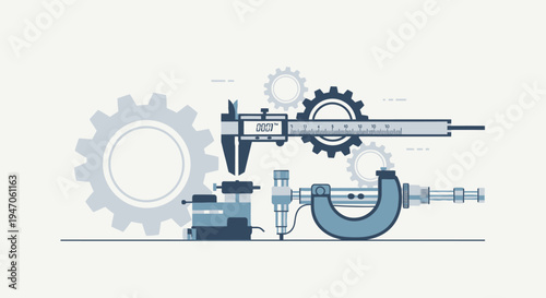 Precision Engineering & Quality Control: Industrial Measurement Tools Concept Illustration with Caliper, Micrometer, and Gears
