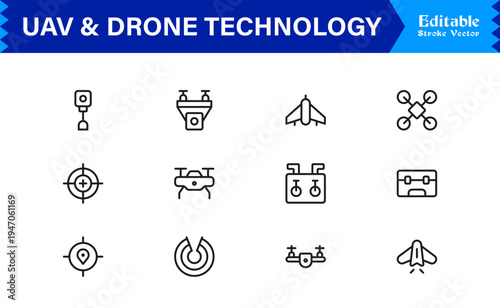 UAV And Drone Technology Line Icon Pack – Unique, Clean, and Editable Outline Illustrations for Flight and Automation