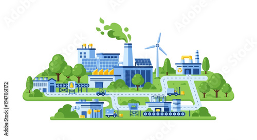 Green Industrial Eco-Park: Sustainable Factories, Renewable Energy (Solar & Wind), Supply Chain & Logistics. Modern Environmental Production Illustration.