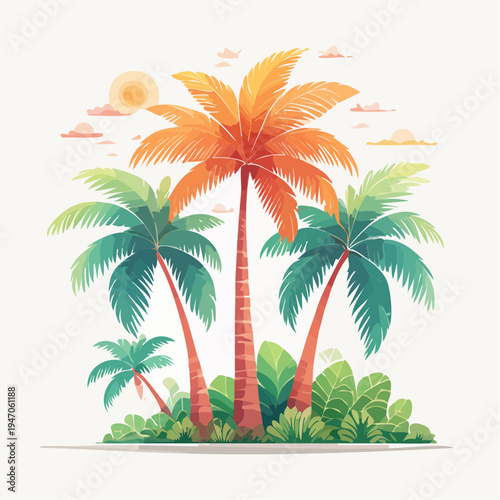 Vibrant tropical palm trees illustration with a beach sunset and lush green foliage