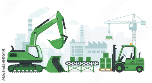 Industrial Manufacturing & Supply Chain Process with Heavy Machinery: Excavator, Conveyor Belt, Forklift, and Crane in a Factory Setting