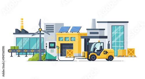 Sustainable Industrial Logistics: Green Factory Operations with Electric Forklift Charging, Solar Panels, and Wind Energy Integration Illustration
