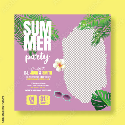 summer Holiday sale and summer vacation editable social media post, web banner template, promotional advertisement for summer beach pool party social media square flyer or poster, summer tropical back