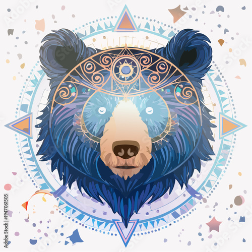 Enigmatic Bear Spirit Art with Intricate Celestial Geometric Patterns and Mystical Aura Design