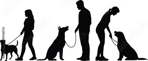 Group, of, people, walking, and, training, their, dogs, in, park, vector, silhouette, isolated, on, white, background