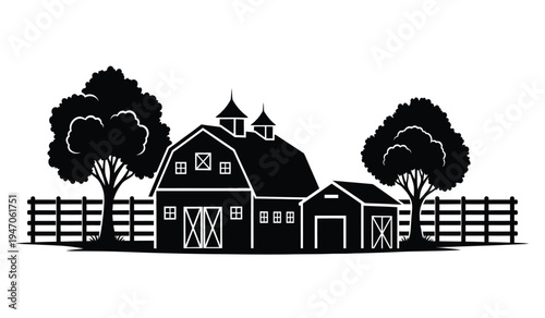 Black and white silhouette illustration of a traditional farm scene with a barn and two large trees