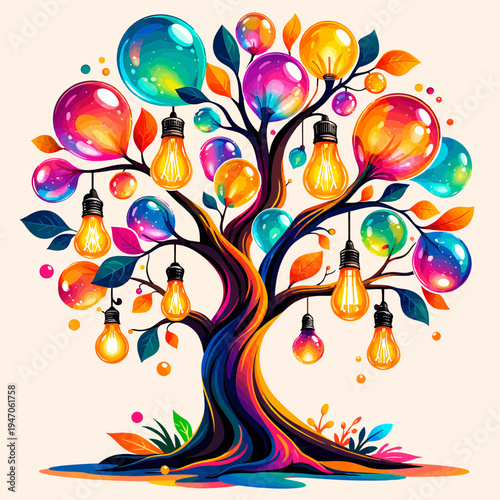 Creative Ideas Tree with Colorful Lightbulbs and Balloons generative AI art absurdism playful surrea