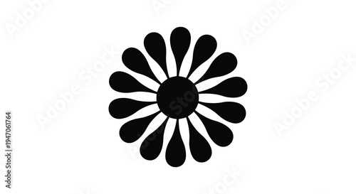 A stylized black flower with rounded petals arranged around a central circle