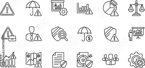 Risk Management and Business Icon Set Featuring Protection, Analytics, Charts, and Security Symbols for Corporate and Risk Designs