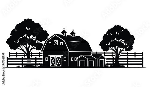 A classic rustic barn scene featuring two large trees and a wooden fence in a simple black silhouette