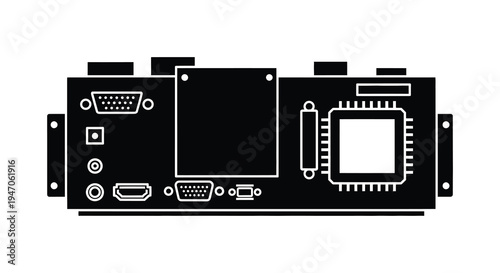 A stark black silhouette of a computer circuit board with various ports and components a technological illustration silhouette