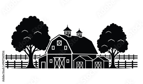 A classic rustic barn scene featuring a large gambrel roof structure flanked by two tall trees