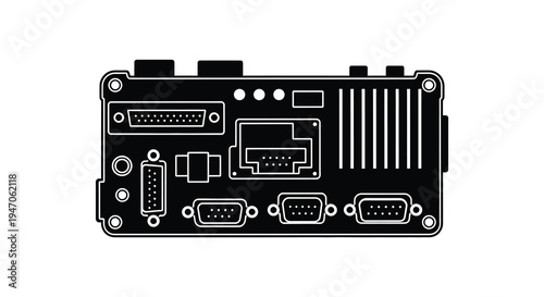 A stark black silhouette of a computer motherboard displaying various ports and components silhouette high quality professional detailed
