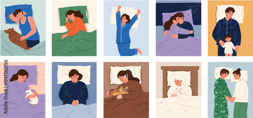 Collection of people sleeping in various poses, including couples, individuals with pets, and families, flat vector illustration set for wellness and rest.