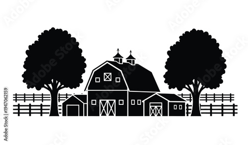 Black silhouette illustration of a classic rural farm barn flanked by two large deciduous trees