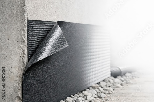 Waterproof foundation membrane being installed on concrete wall for basement drainage and moisture protection