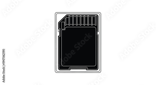 A stark white background displays a black sd card emphasizing its rectangular form and detailed cutouts silhouette