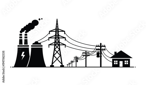 Black silhouette illustration of electric power generation and distribution to a residential home