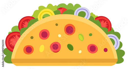 Cartoon Taco Filled with Tomatoes Lettuce Cheese and Onion Slices