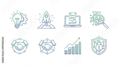 Business concept icons for startup growth and success.