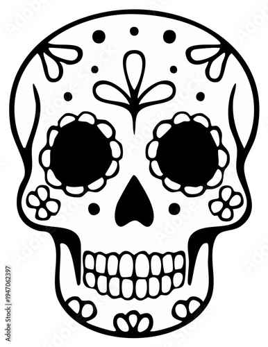 Black and white sugar skull illustration, Day of the Dead concept