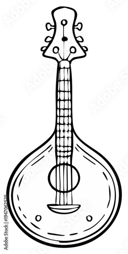 Hand Drawn Mandolin Illustration Musical Instrument with Strings, Outline, Line Art, Traditional Music