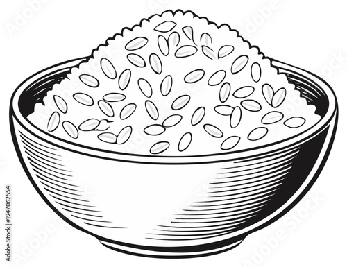 Bowl of Rice Illustration, Black and White, Food and Drink
