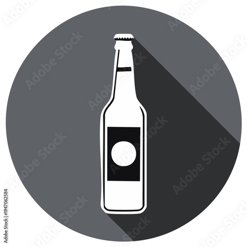 White silhouette of a bottle with a label on a grey background with long shadow