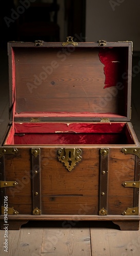 Vintage Wooden Trunk with Red Velvet Interior.