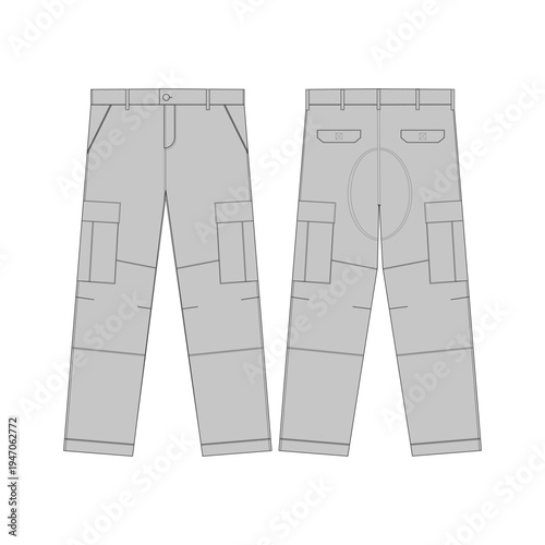 Cargo pants technical flat sketch vector mockup front and back view. Tactical utility trousers fashion CAD blank template with pockets and reinforced seat for tech pack apparel design illustration.