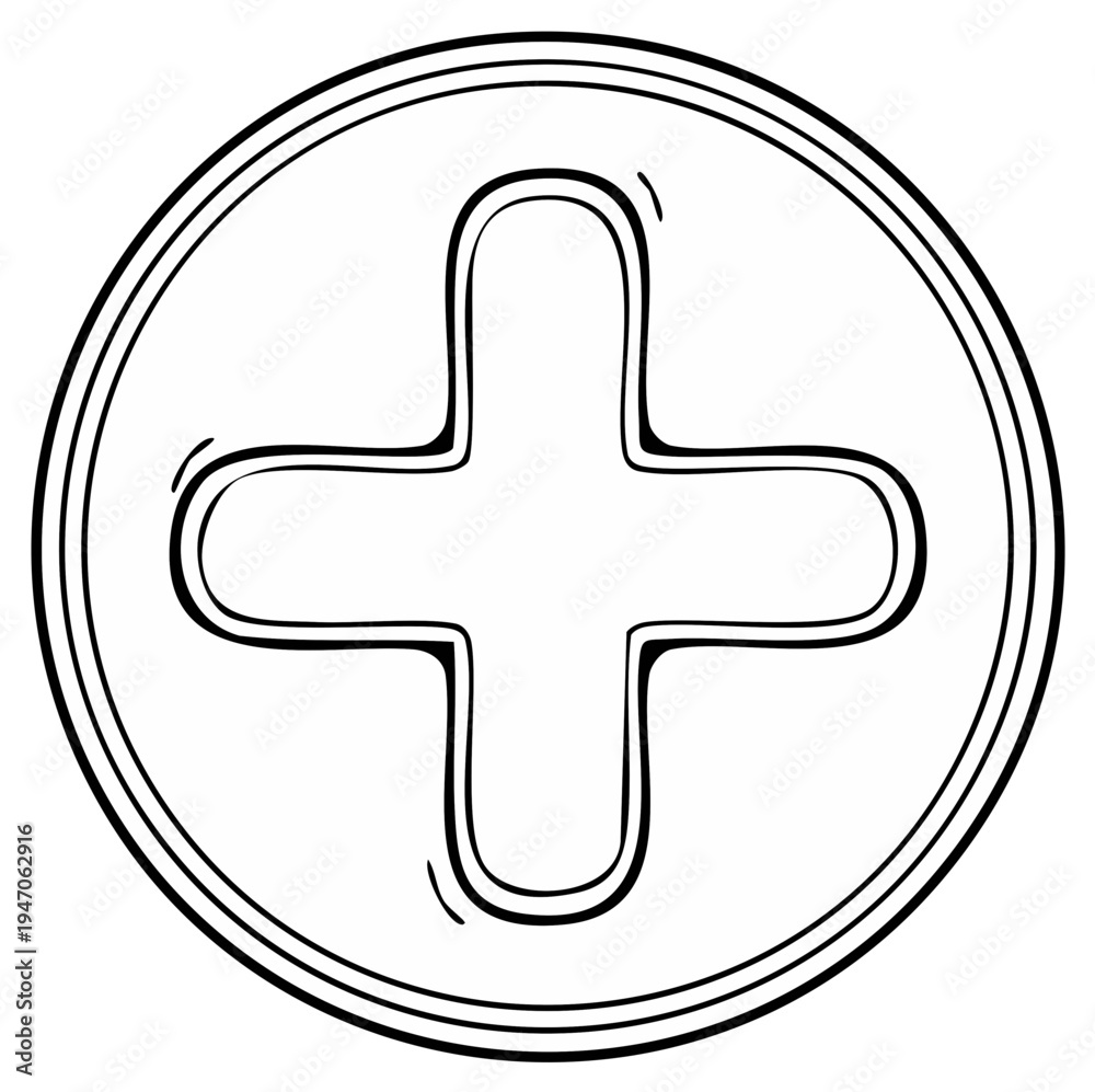Obraz premium Drawn medical plus symbol with a circular border in a simplistic cartoon style.
