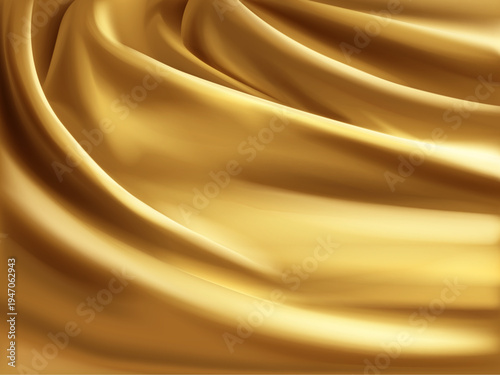 Gold silk fabric with luxury golden satin texture and drapery folds. Smooth cloth curtain with shiny ribbon waves and soft velvet sheen on abstract gradient background for premium banner design.