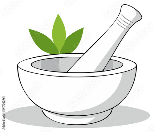White mortar and pestle with green leaves symbol for natural medicine and herbal remedies