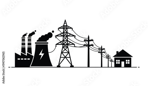 A black silhouette illustration showing the electrical power generation and distribution process