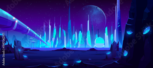 Futuristic city on alien planet with glowing neon towers and cosmic skyline. Cartoon vector cityscape with advanced buildings and bridge highways under mysterious sky with distant moons and planets.