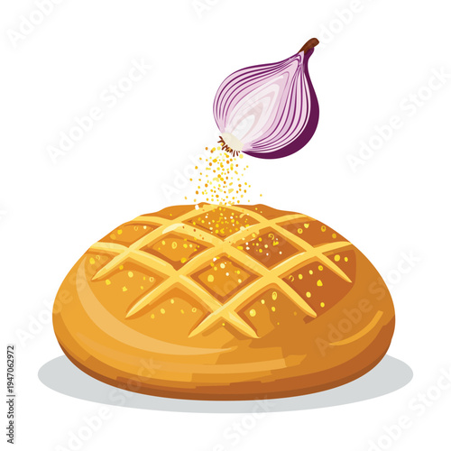 Freshly baked bread with onion flavoring vector illustration