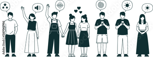 Social Media and Communication Icon Set Featuring People with Emojis, Sound, Love, and Interaction Symbols for Digital and Social Networking Designs