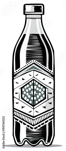 Black and White Beverage Bottle with Ornamental Label Graphic Illustration Design